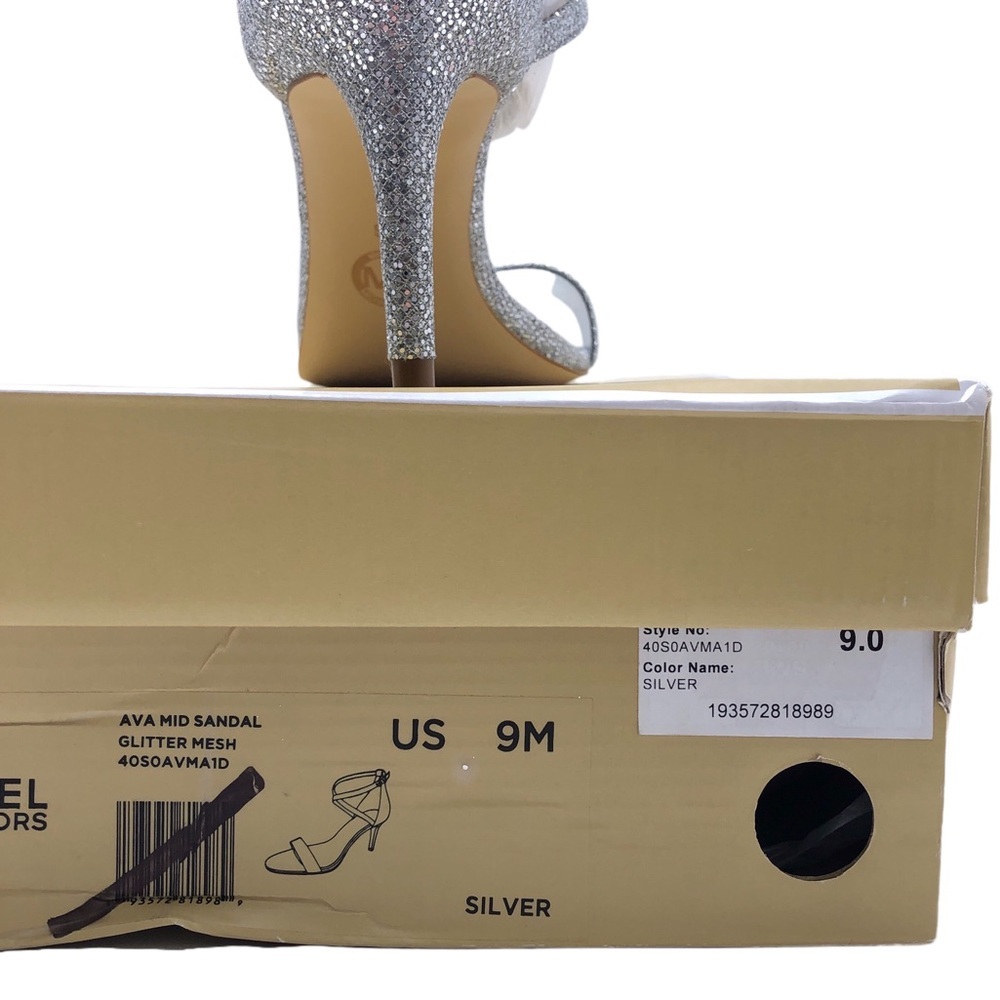Michael Kors Ava Silver Glitter Mid Stiletto Heel Strappy Sandal Shoes 9 M - Picture 6 of 9